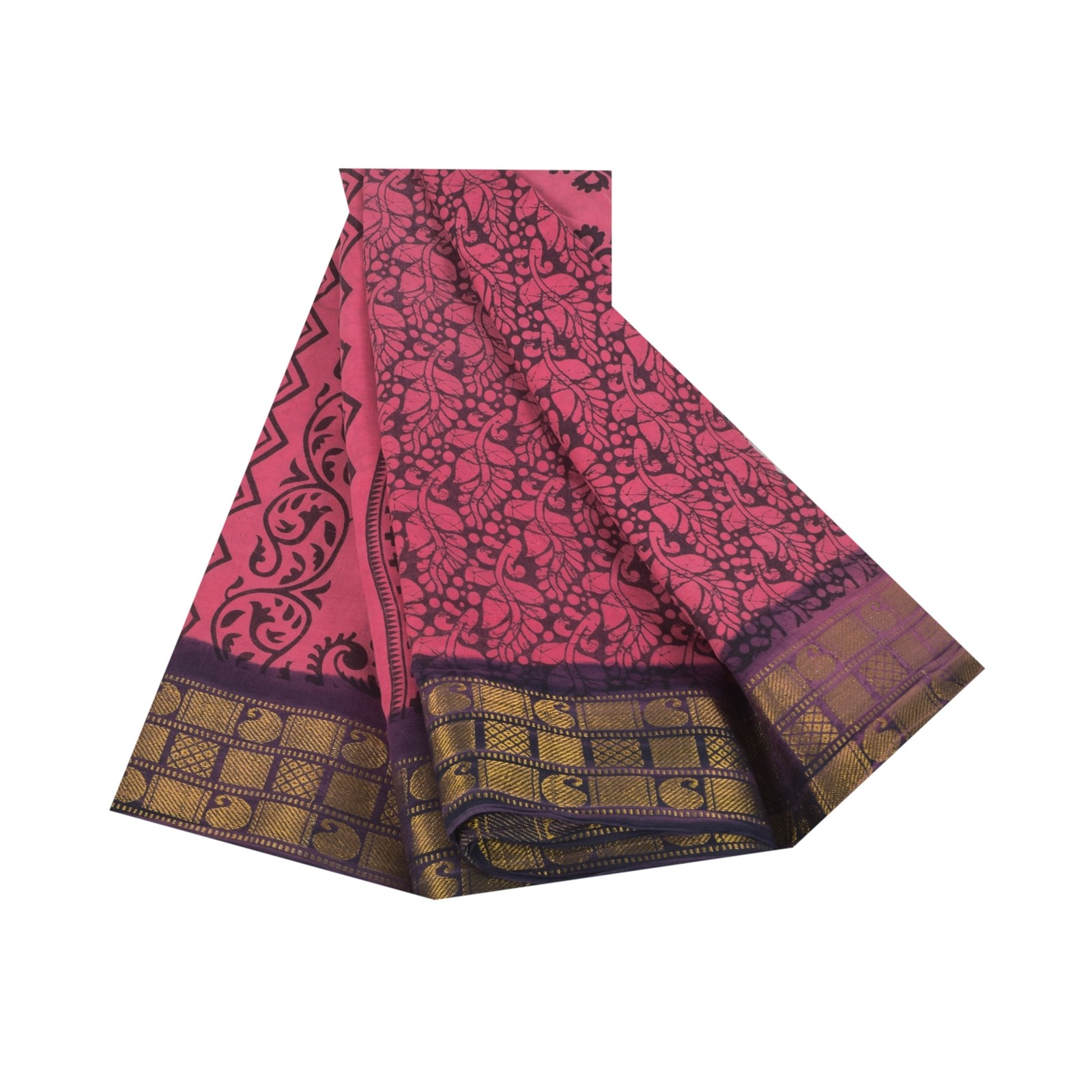 Sanskriti Vintage Sarees Pink & Black Block Print Zari Pure Cotton Sari Fabric