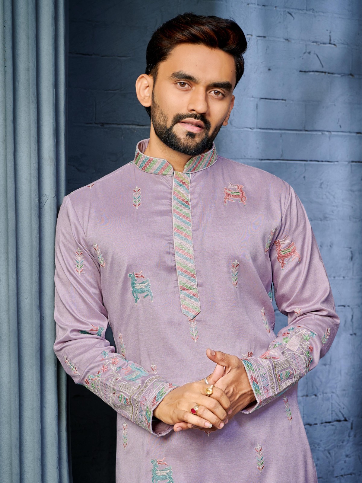 Men’s Purple Embroidered Kurta Designer Indian Wedding Festive Wear Outfit