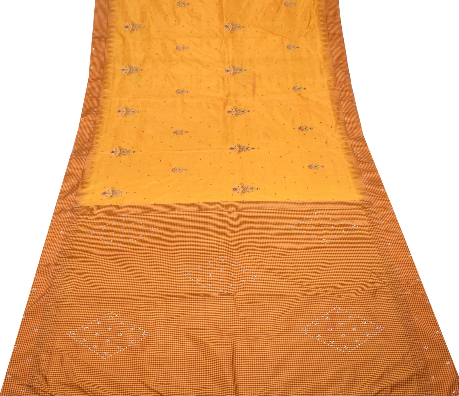 Sushila Vintage Mustard Pure Silk Saree Hand Woven & Embroidered Sari Fabric