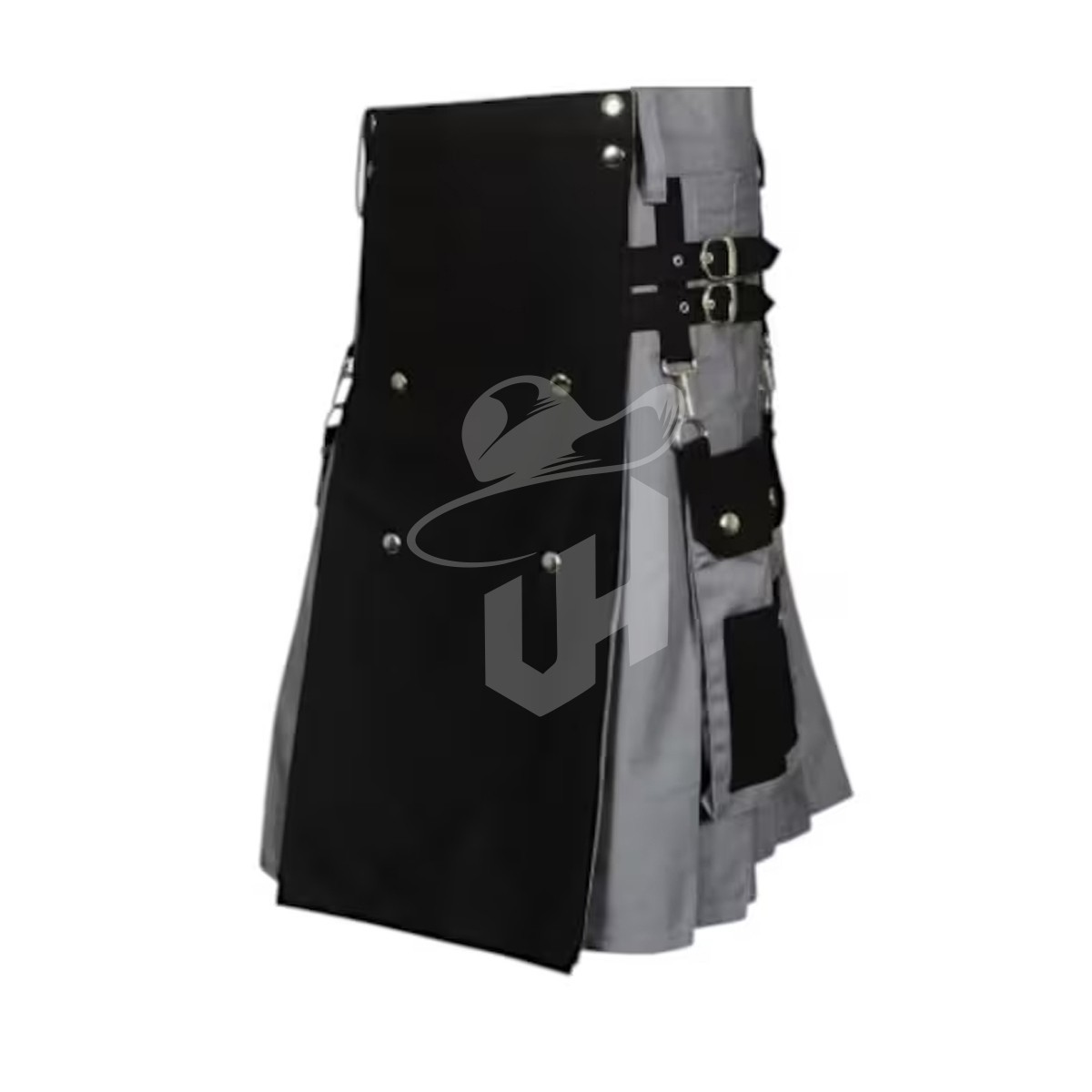 Black & Grey Hybrid Utility Kilt with Cargo Pockets – Steampunk Cotton Kilts