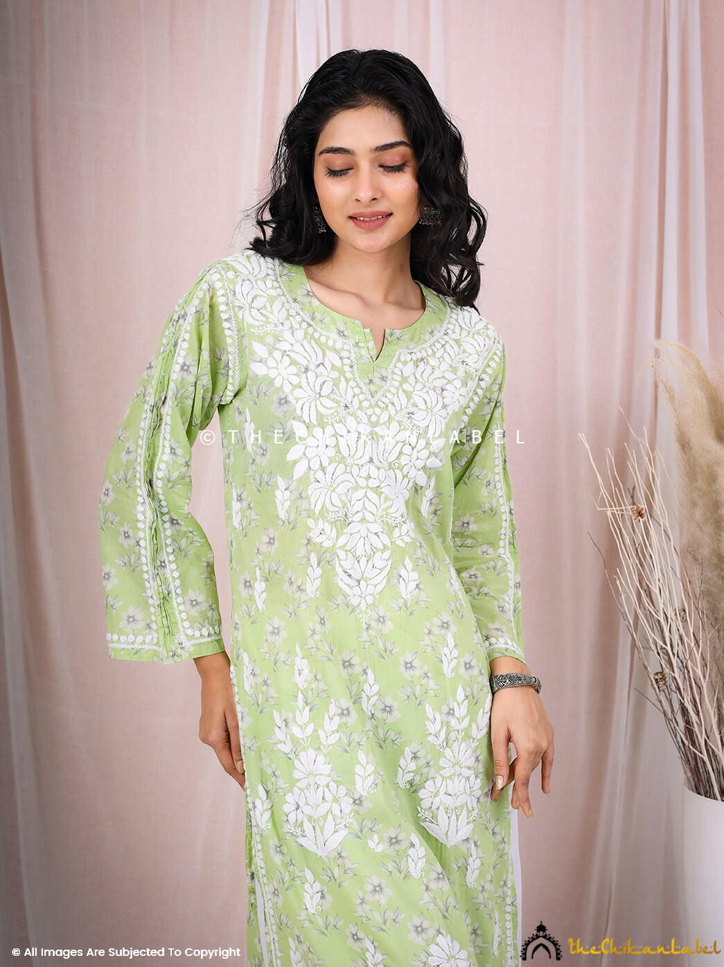 Green Mulmul Chikankari Printed Straight Kurti Lucknow Chikan Handmade Kurta