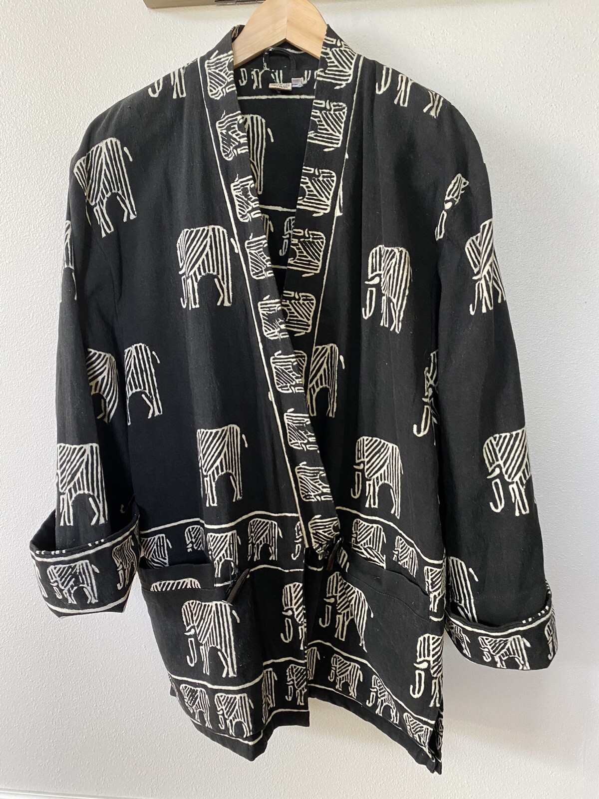 Vintage Boho Mudcloth Robe Poncho Kimono Elephant Black Cotton Size Medium India