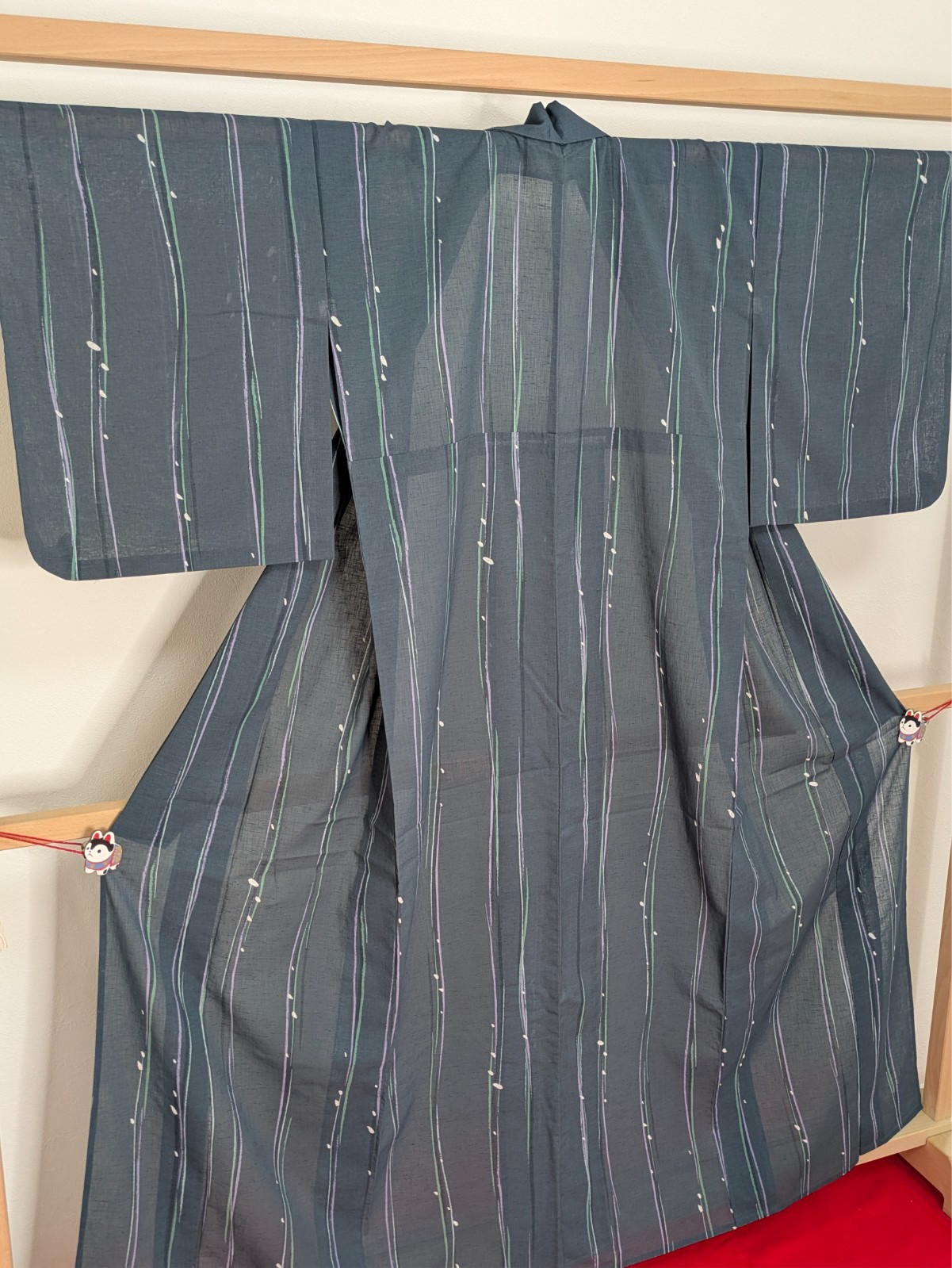 Japanese Summer Kimono Polyester Gray Green Stripes Petals Washable Usumono