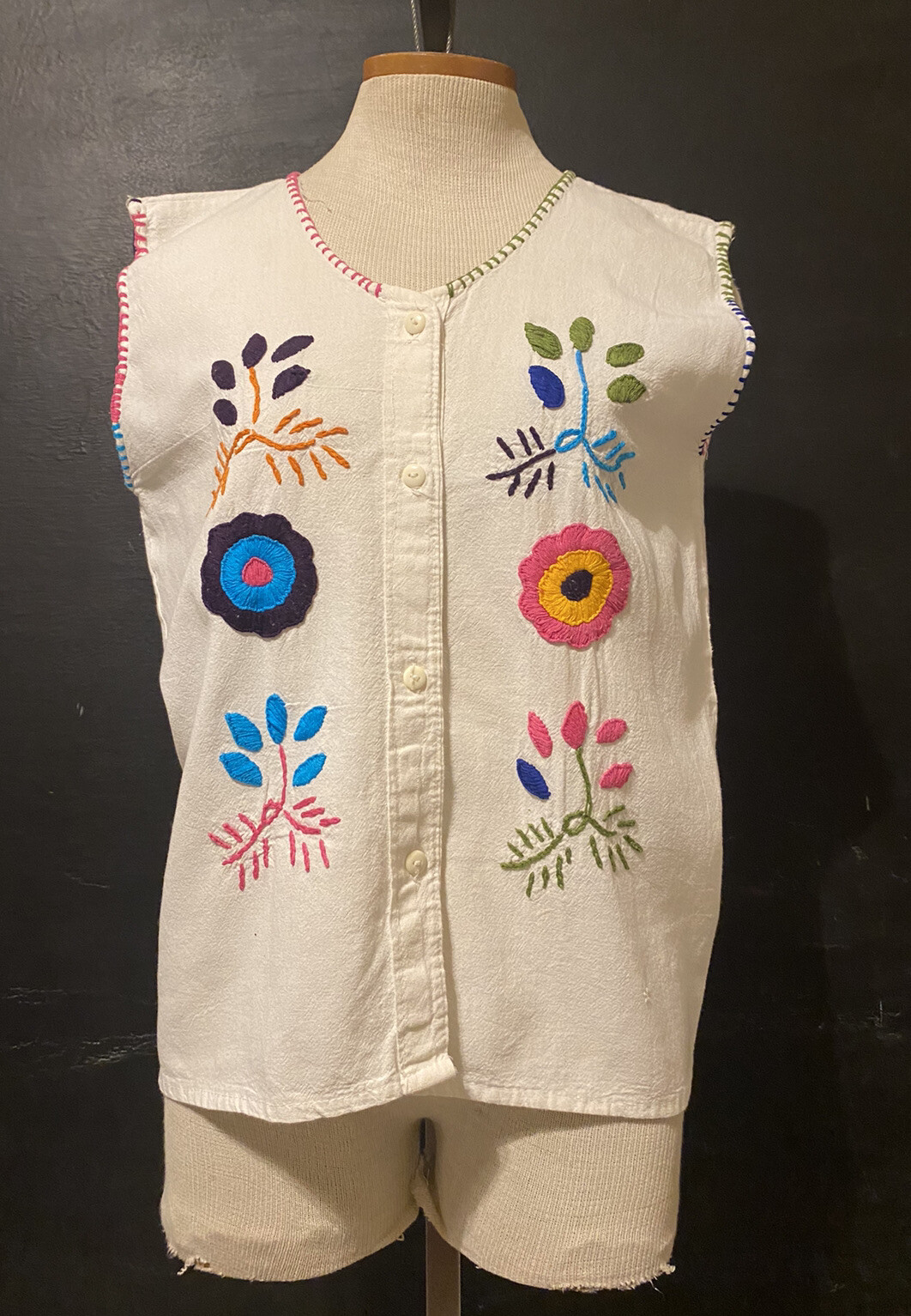 Mexican Huipil Blouse White Hand Embroidered Mayan Fiesta Gypsy Hippie