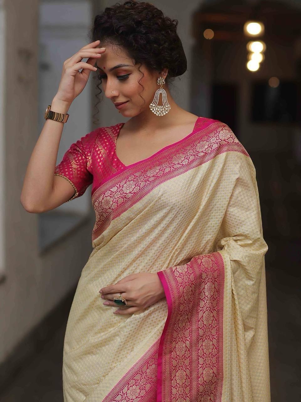 Designer Sari Cream Bollywood Style Bridal Silk Saree Blouse South Indian Party