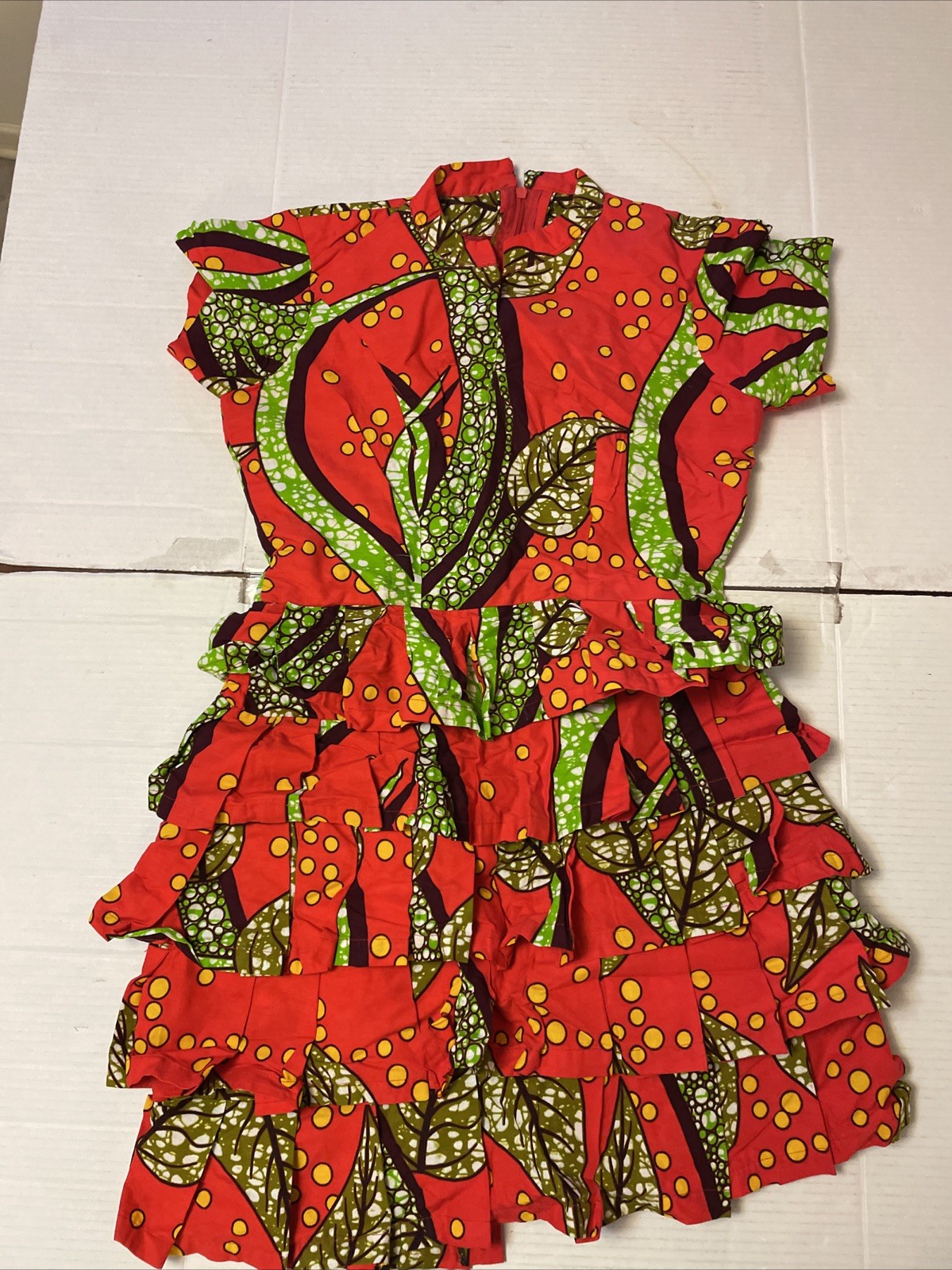 Child’s Homemade Short Slv ruffled dress,red, green,yellow patterned African wax