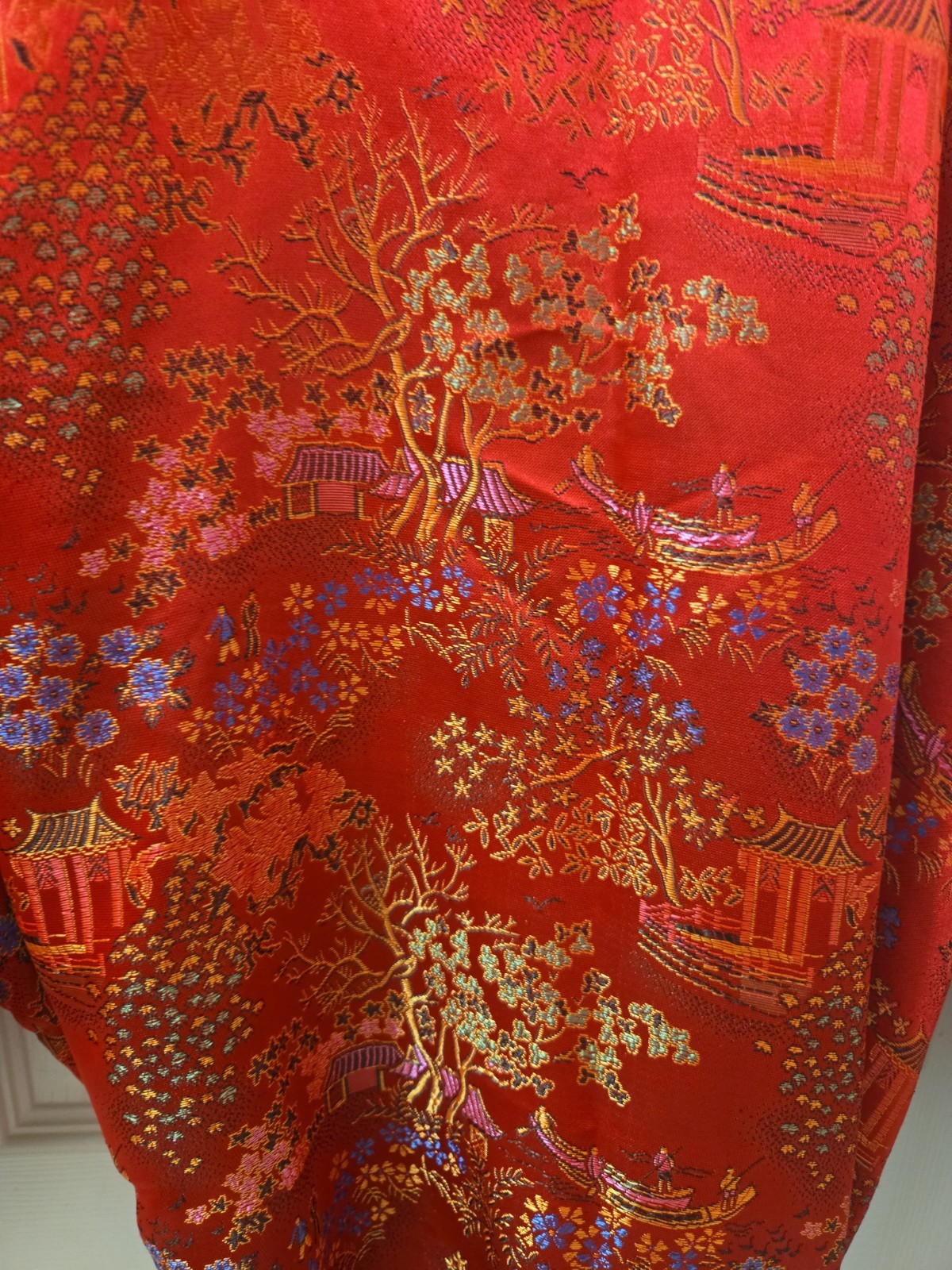Double Peach Long Heavy Silk Red Gold Jacquard Oriental Kimono Robe Belt O/S
