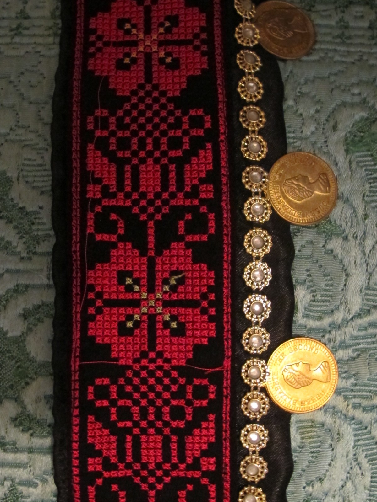 Palestinian Red Black Embroidered Headband on Satin with gold coins