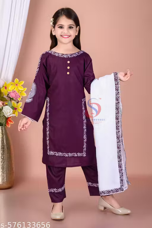 Girls Purple Rayon Kurta Set with White Embroidered Dupatta| Festive Ethnic Wear