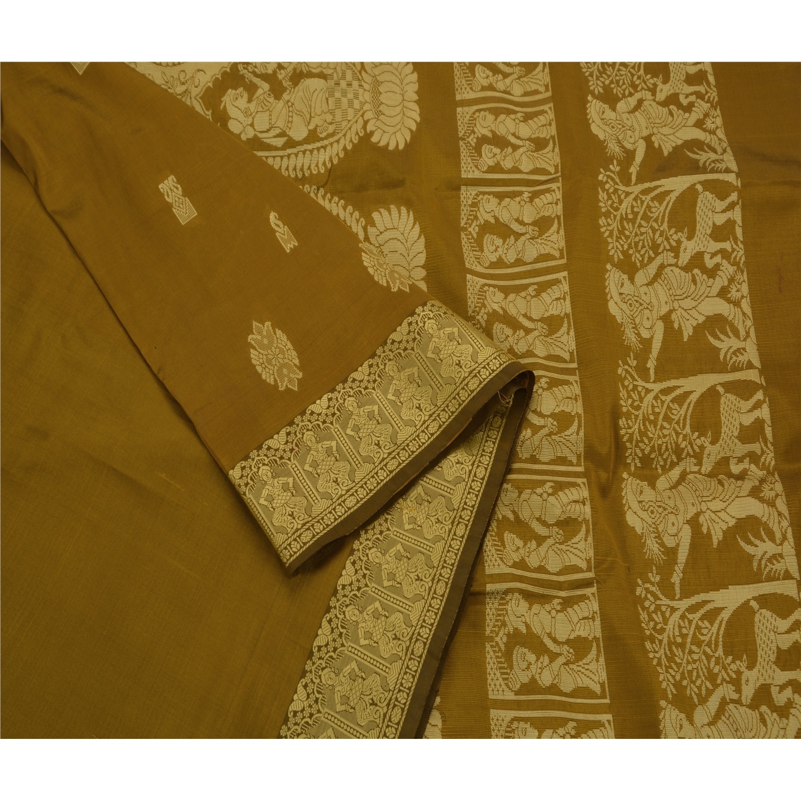 Sanskriti Vintage Woven Baluchari Indian Sari Green Sarees Art Silk Craft Fabric