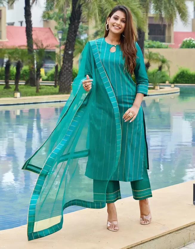 Party Wear Designer Women Silk Blend Kurti Palazzo Dupatta Set Indian Pakistani