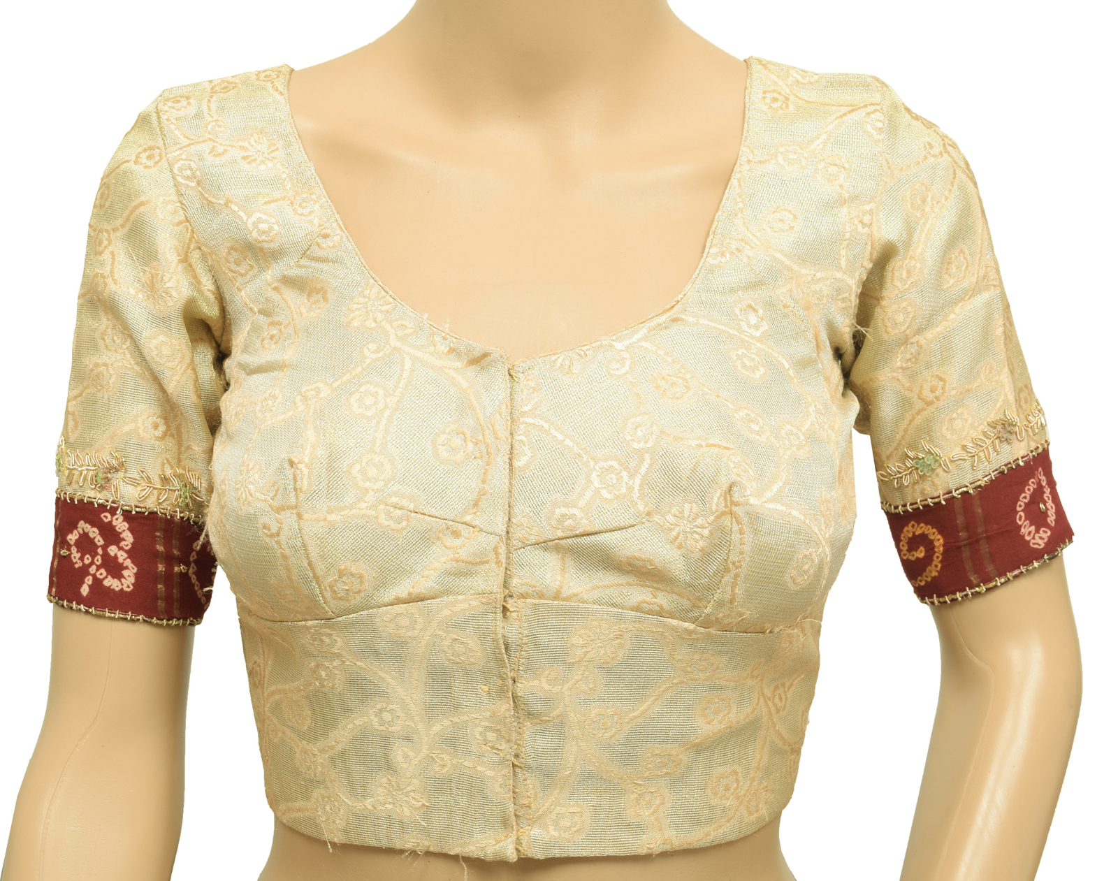 Size 32 Vintage Floral Readymade Stitched Sari Blouse Tissue Woven Designer Top