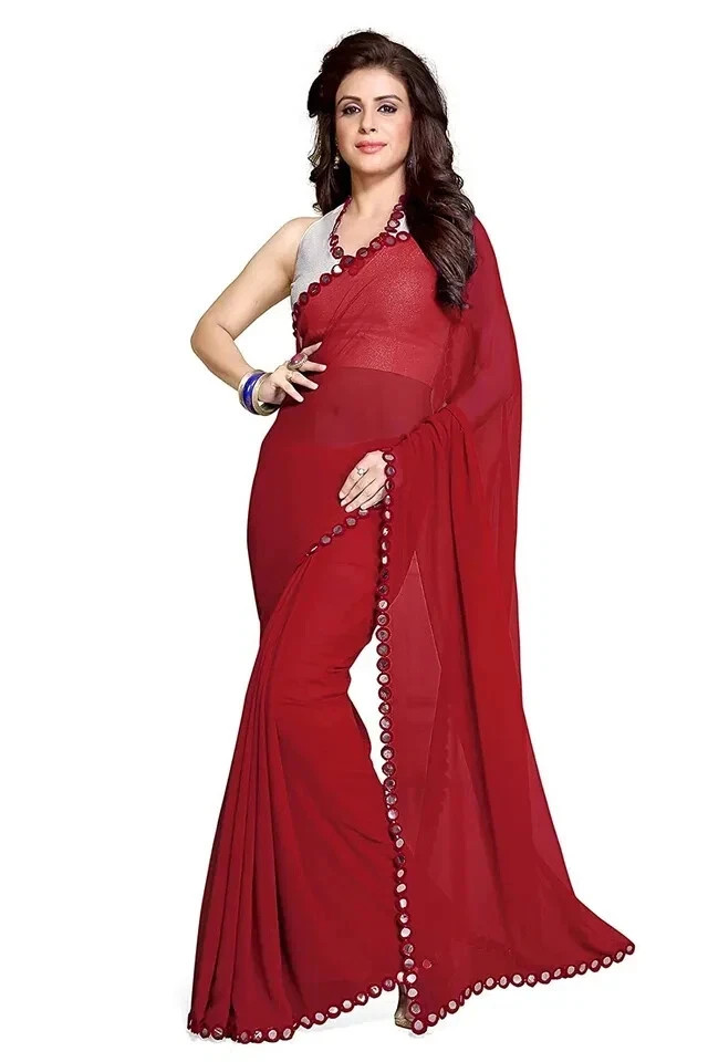 Women’s Georgette Designer Mirror Border work Plain Saree Blouse Red 1 Pcs