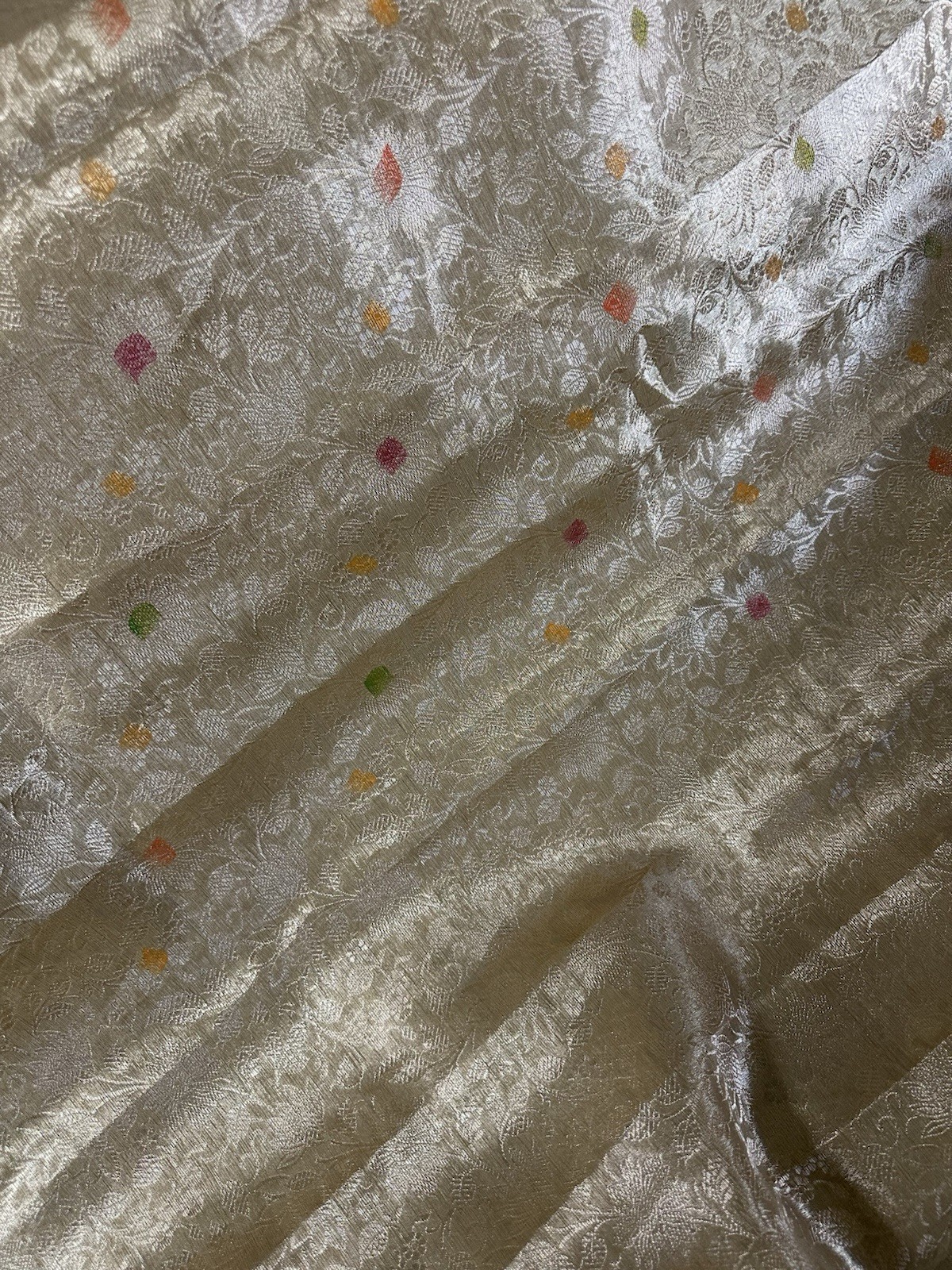 Gold semi silk woven saree multicolor motifs dot tassel border w/ blouse choli