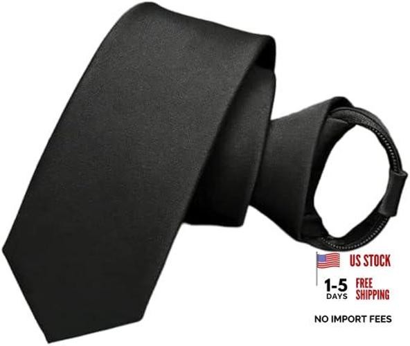 Brand Black Solid Ties for Men Microfiber Satin Silk 1.97″ Zipper Tie
