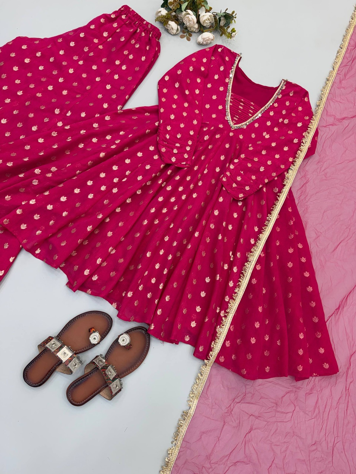 Stylish Jacquard Chanderi Pink Kurta Palazzo With Dupatta For Traditional Wear
