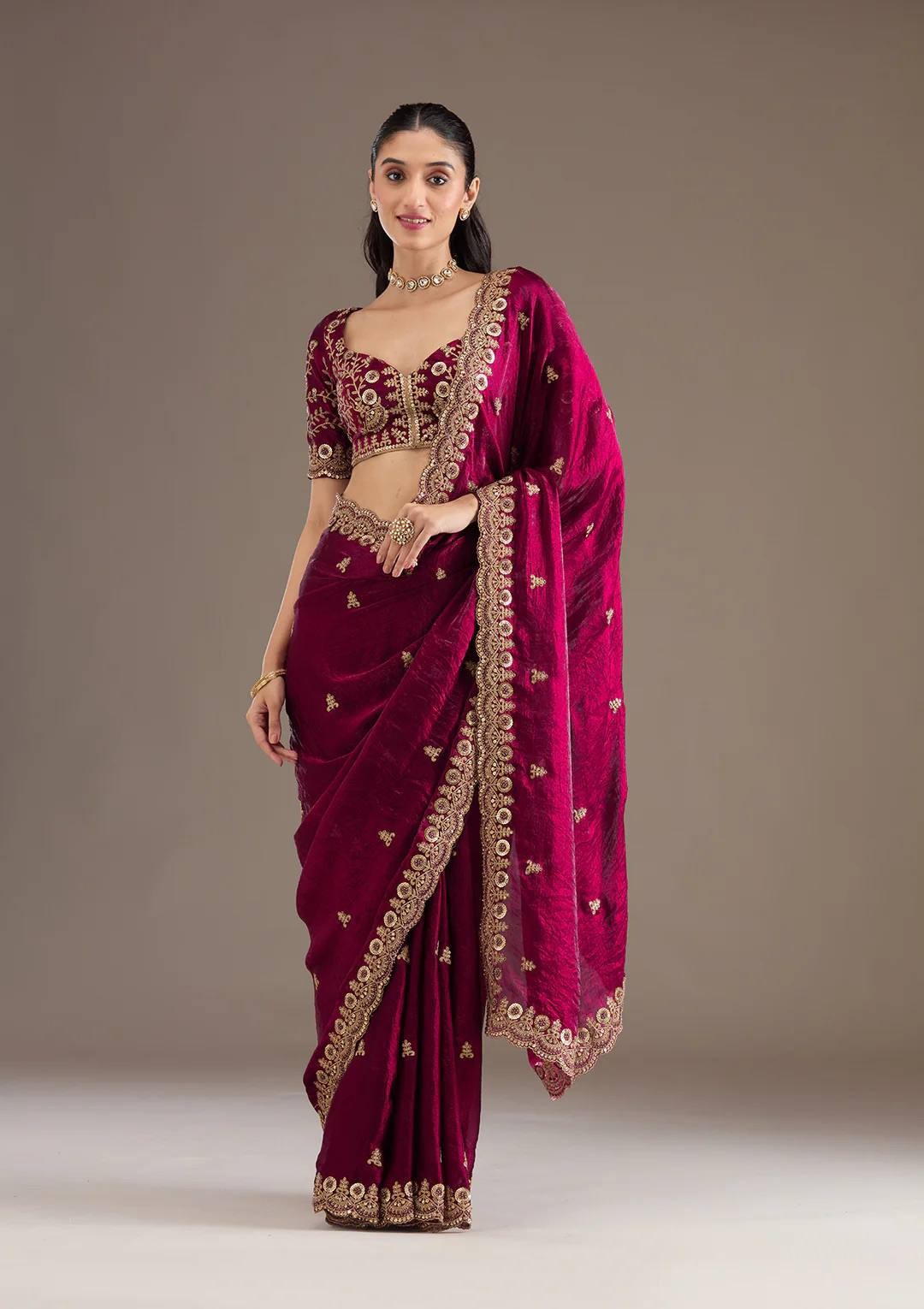 Women Fendi Satin Silk Saree Zari & Sequin Work Eid Ramadan Party Wear Sari