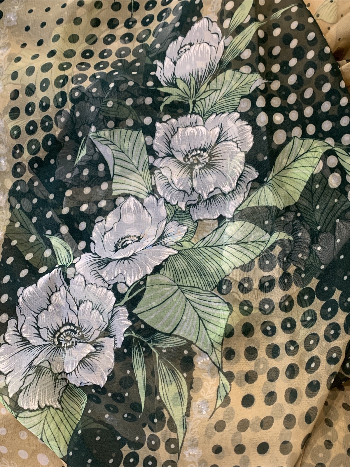 Vintage Floral Sari Fabric- Tan, Green & White 6 Yds.