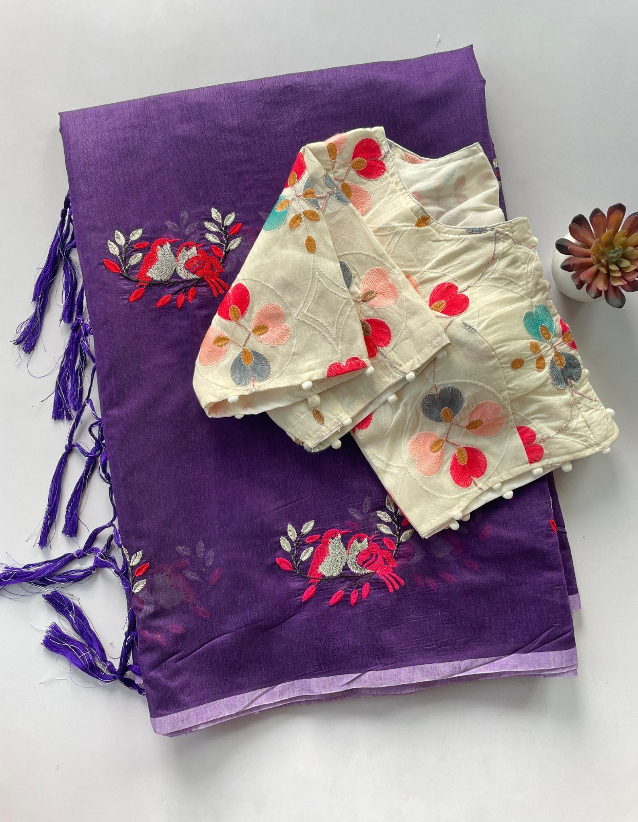 Chanderi Saree with Love Birds Work With Heavy Embroidered Full stitch Blouse.