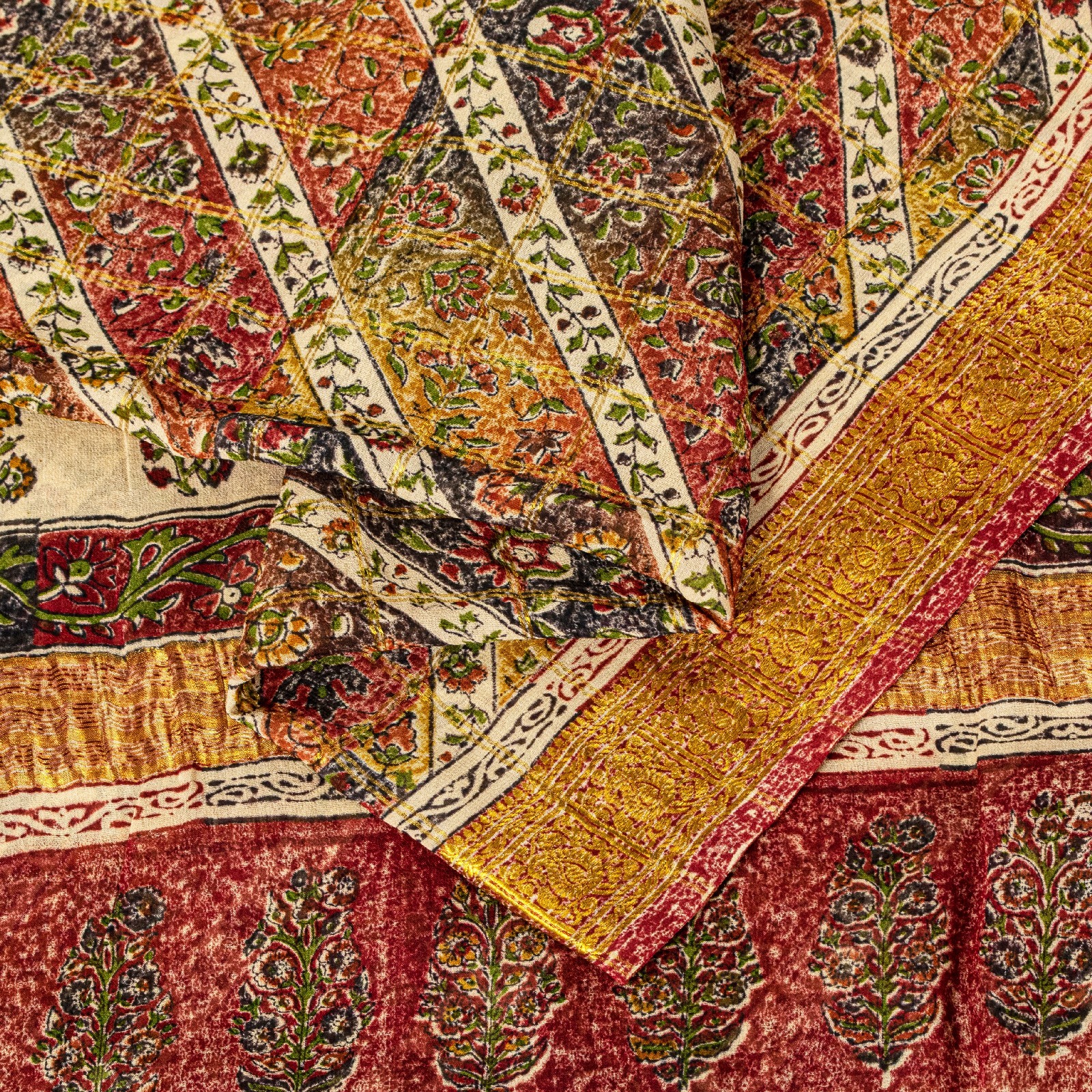 Sanskriti Vintage Yellow-Green Pure Georgette Silk Saree Floral Block Print 6 Yd