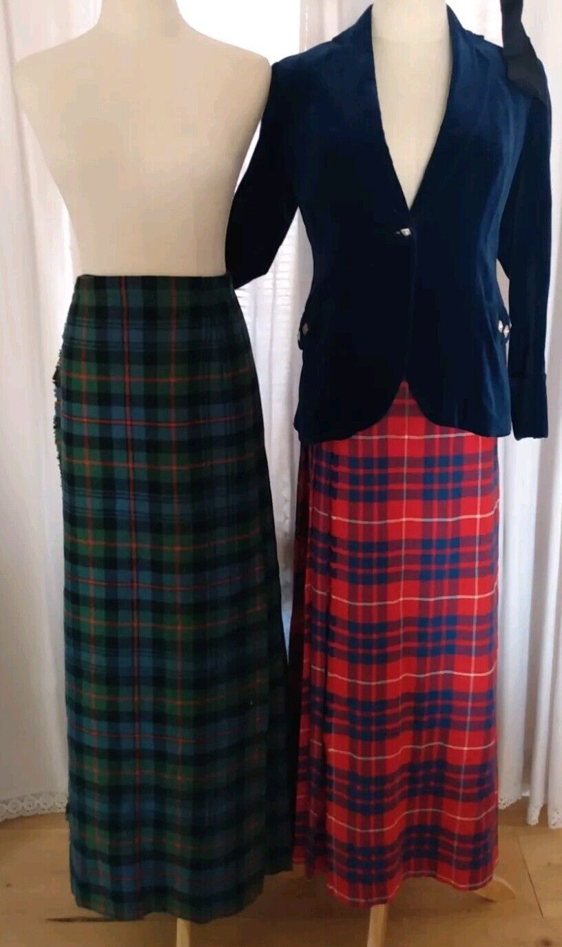 LOT Ladies XS Scottish Kilt Outfit Blazer Jacket Set Wool Velvet Red Green Skirt