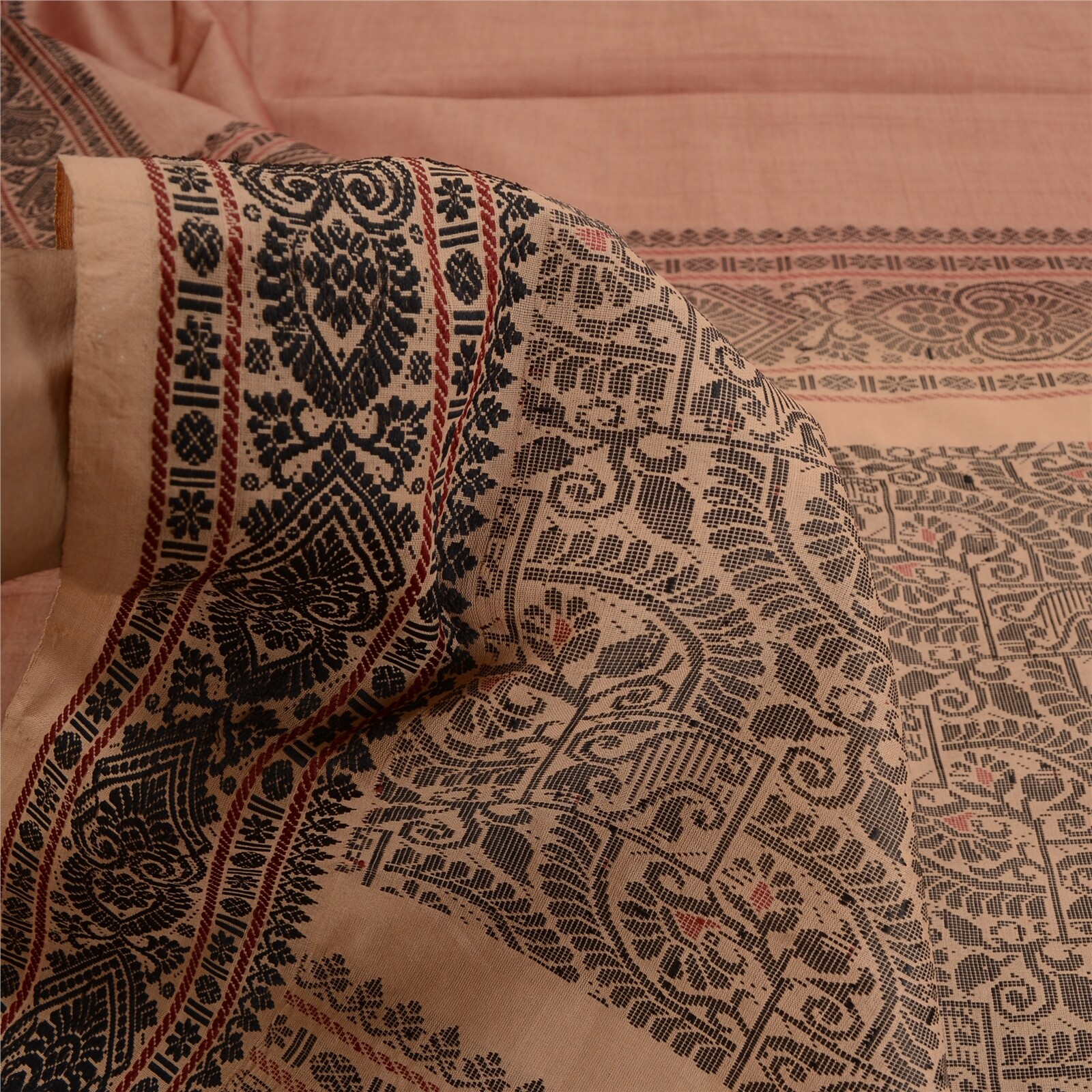 Sanskriti Vintage Peach Sarees Blend Cotton Woven Premium Sari Craft 5 Yd Fabric