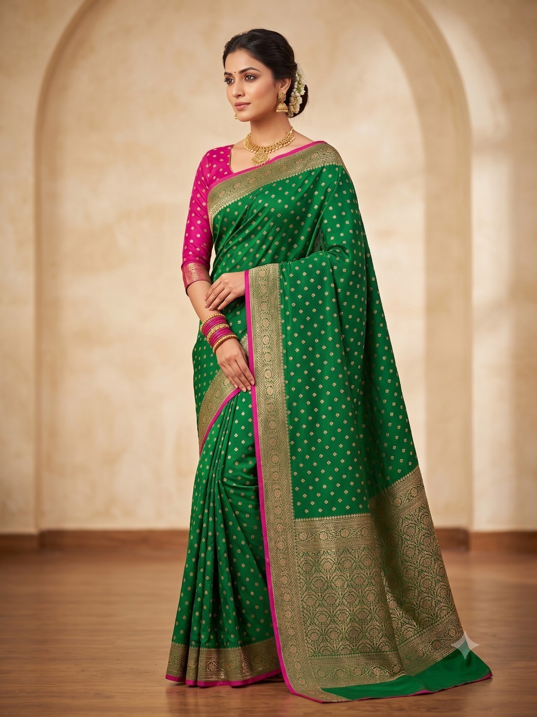 Green Silk Blend Golden Zari Border Woven Design Saree with Booti