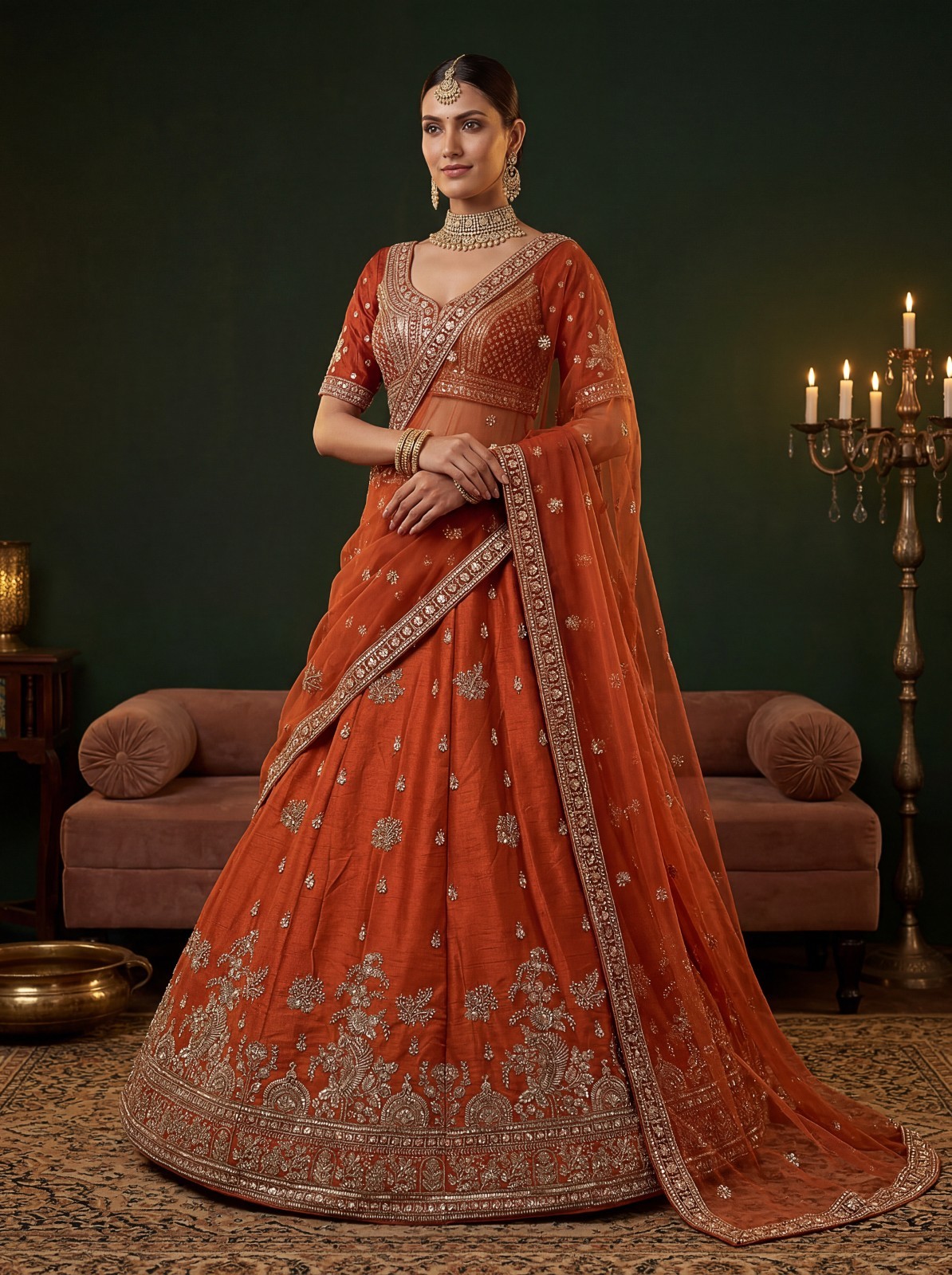 Luxury Gadhwal Silk Lehenga Choli Motif Zari Sequins Bridal Reception Wear