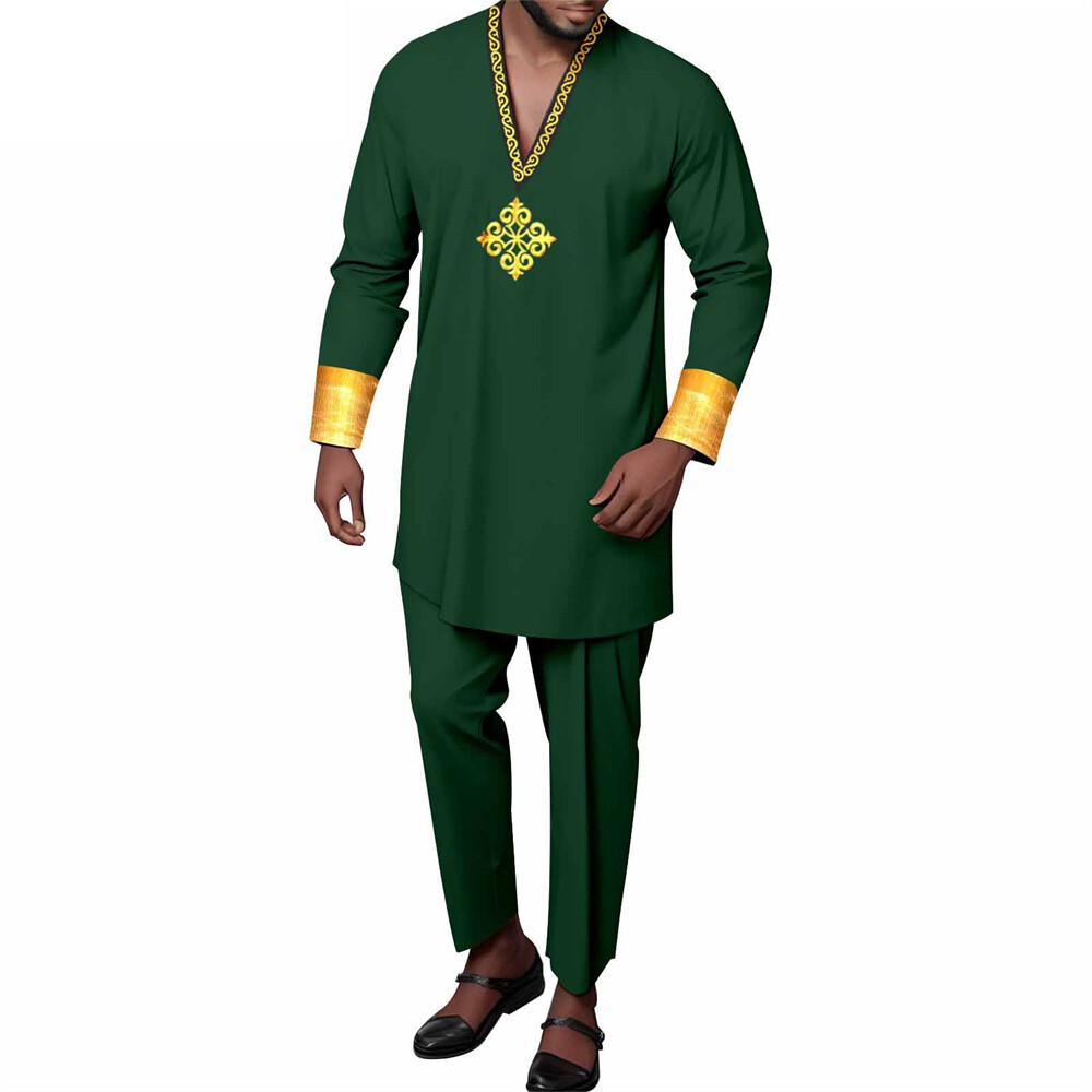 Men’s African 2 Piece Set Traditional Shirt and Pants Set Suit Middle East Suit