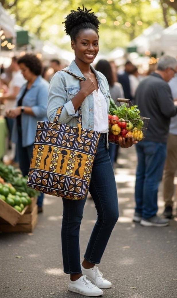 Handmade African Print Tote Bag Yellow Cotton Traditional Motif