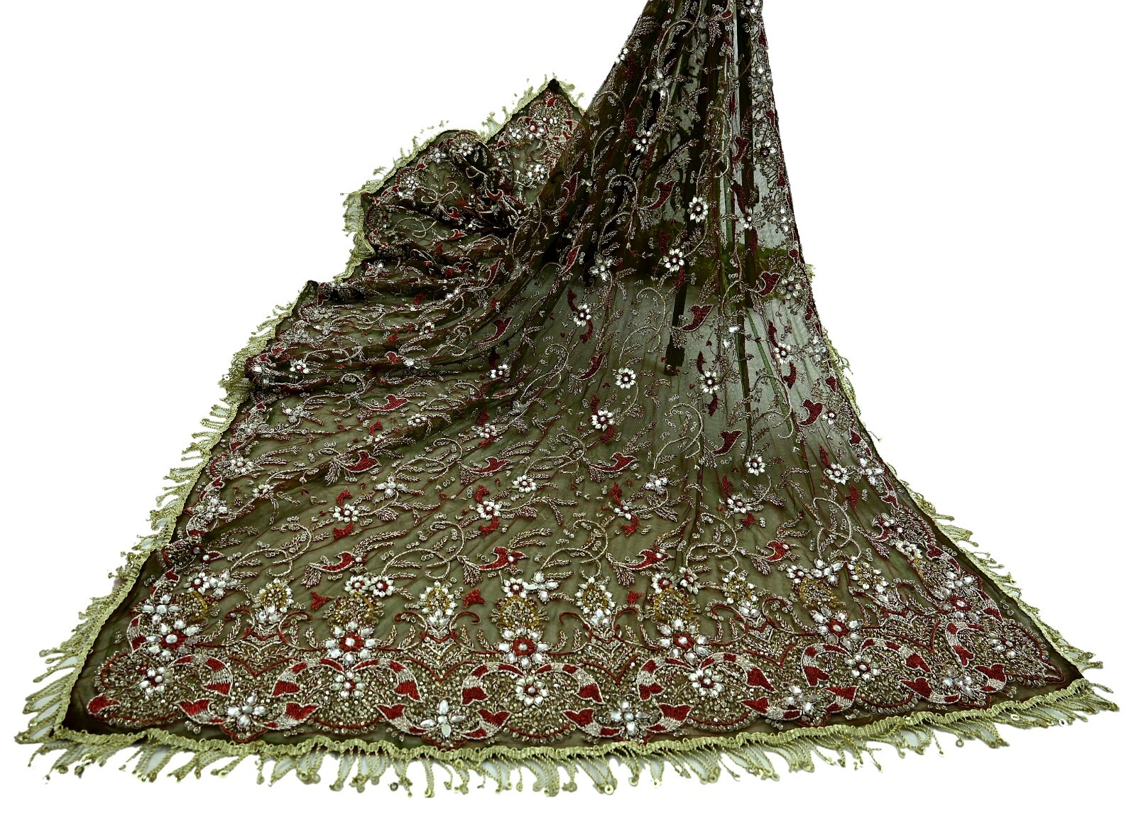 Vintage Heavy Green & Maroon Dupatta Net Mesh Long Stole Hand Embroidered Veil