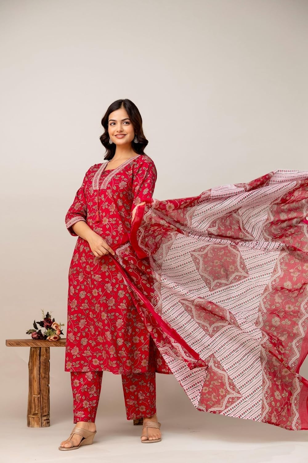 Women’s Pure Cotton Printed with Handwork Kurta with Pants and Dupatta Set
