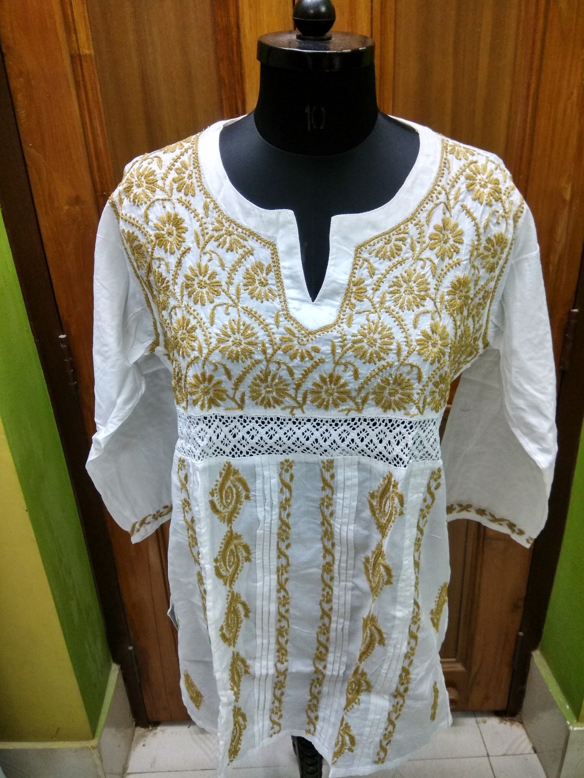 HANDMADE KURTI BLOUSE L 42″ TUNIC TOP KURTA ETHNIC 100% COTTON CHIKAN EMBROIDERY