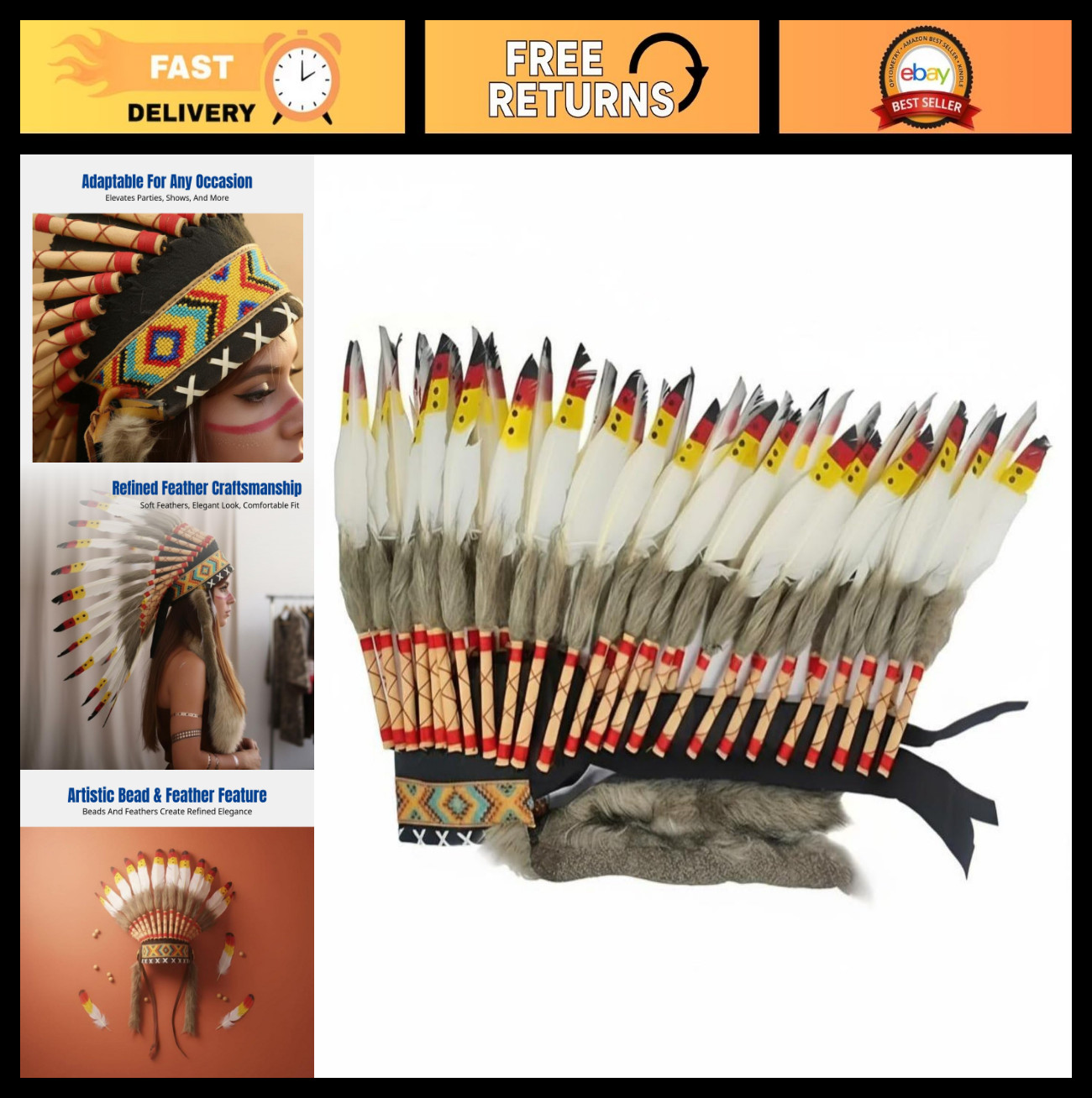 Indian Feather Headdress – Native American Chief Hat for Men & Women, Costume Ac