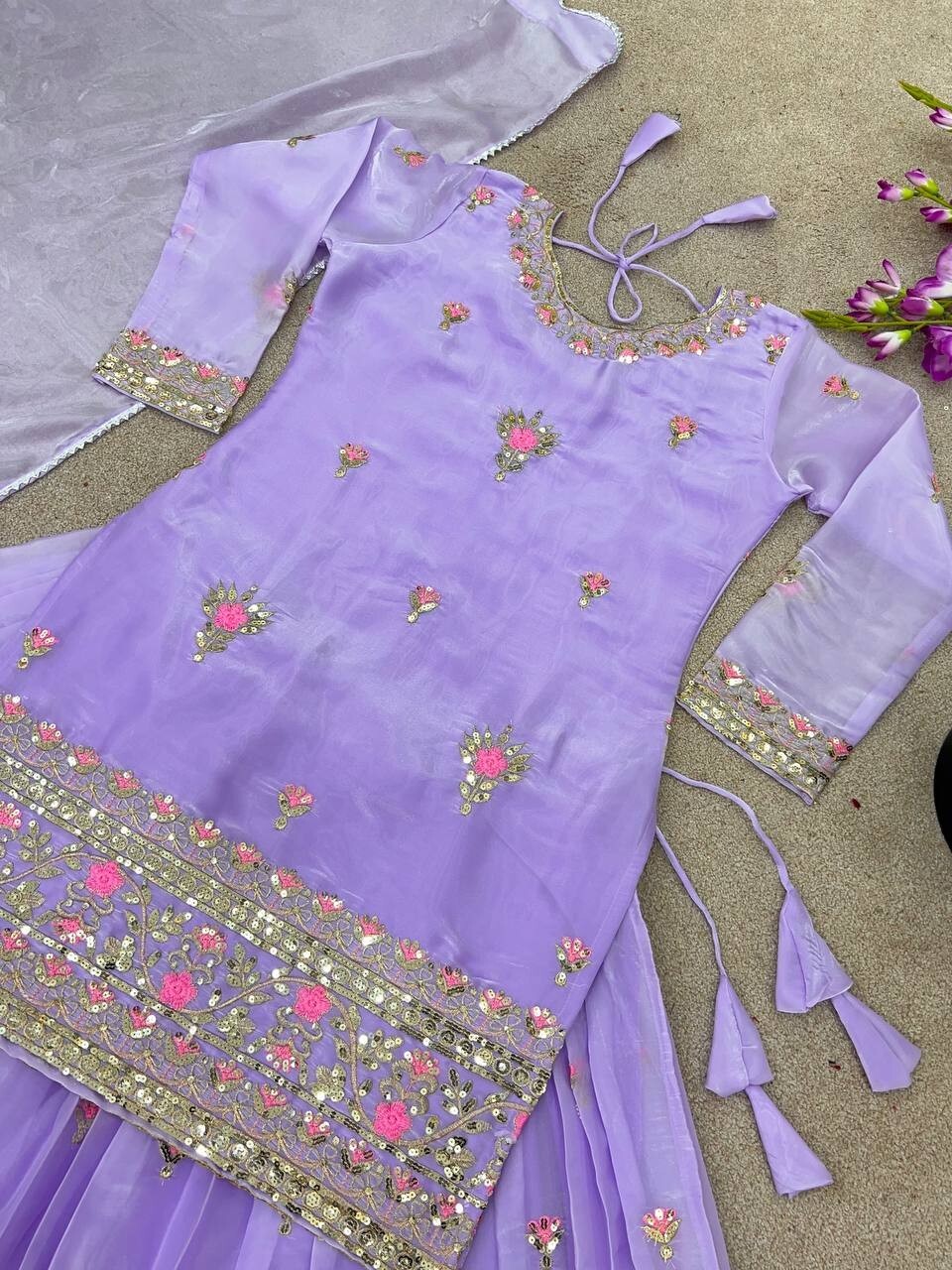 Fancy Silk Blend Lavender lengha with long top, Indian embroidered wedding suit