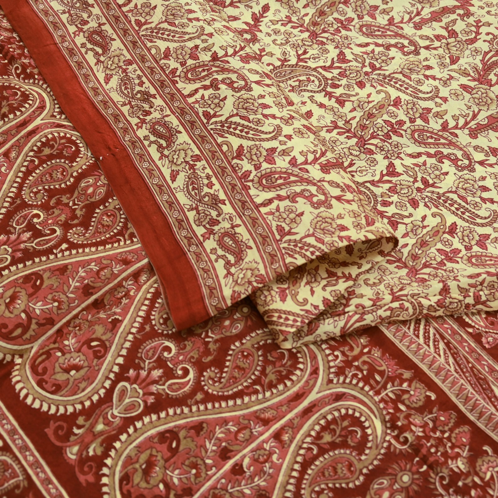 Indian Vintage Sari Brown & Ivory Pure Silk Printed Sarees Craft Fabric 6yd