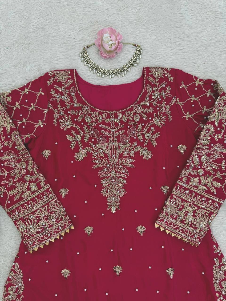 Premium Designer Crepe Silk Farshi Salwar Kameez With Net Dupatta For Women
