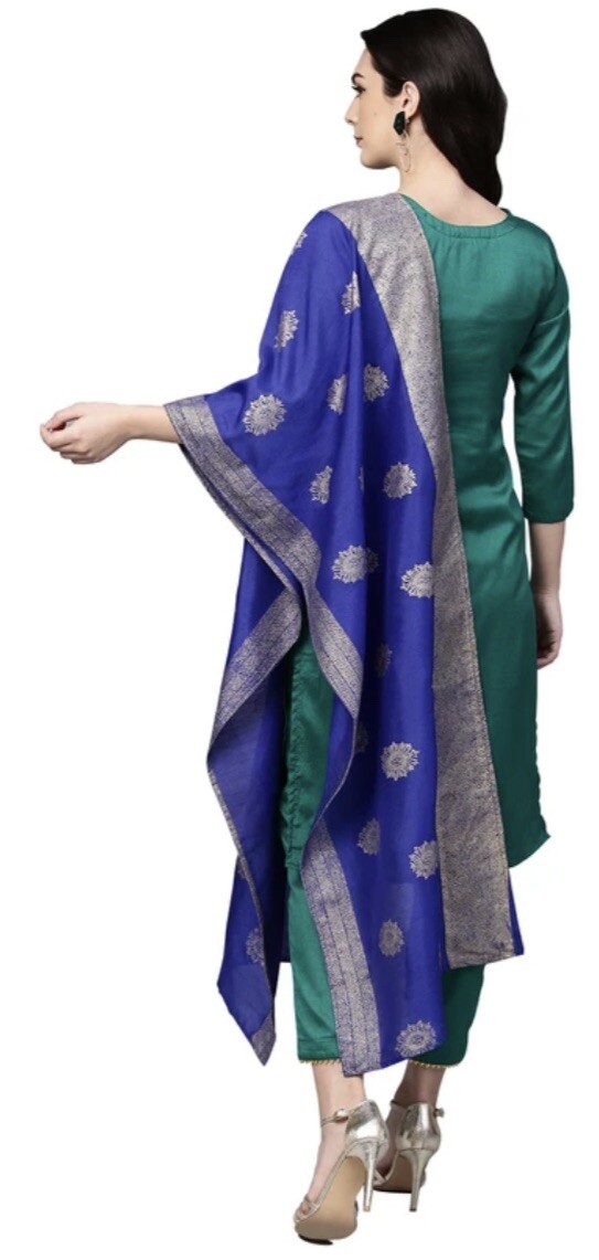 Solid Green kurta with trouser and dupatta for Indian Occasion (US Size 6)
