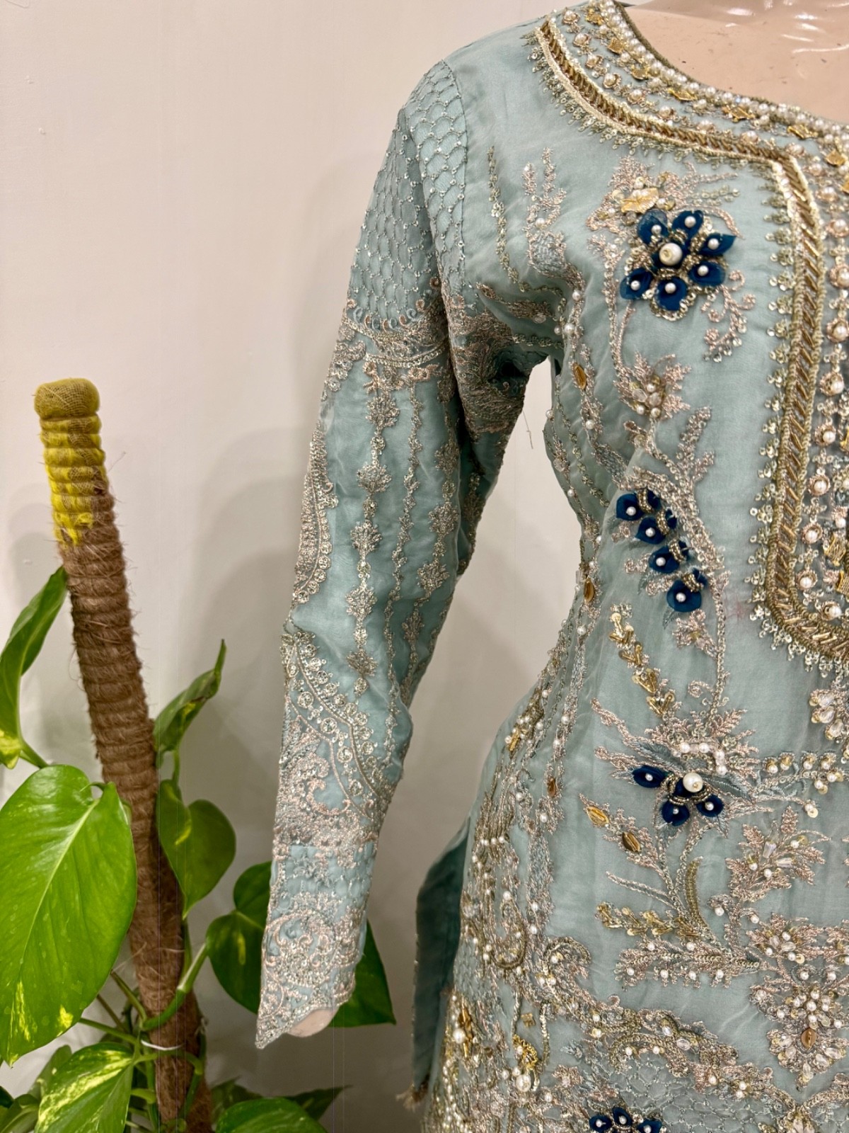 Pakistani Light Blue Straight Style Embroidered Sequins Organza Gharara Dress ,L