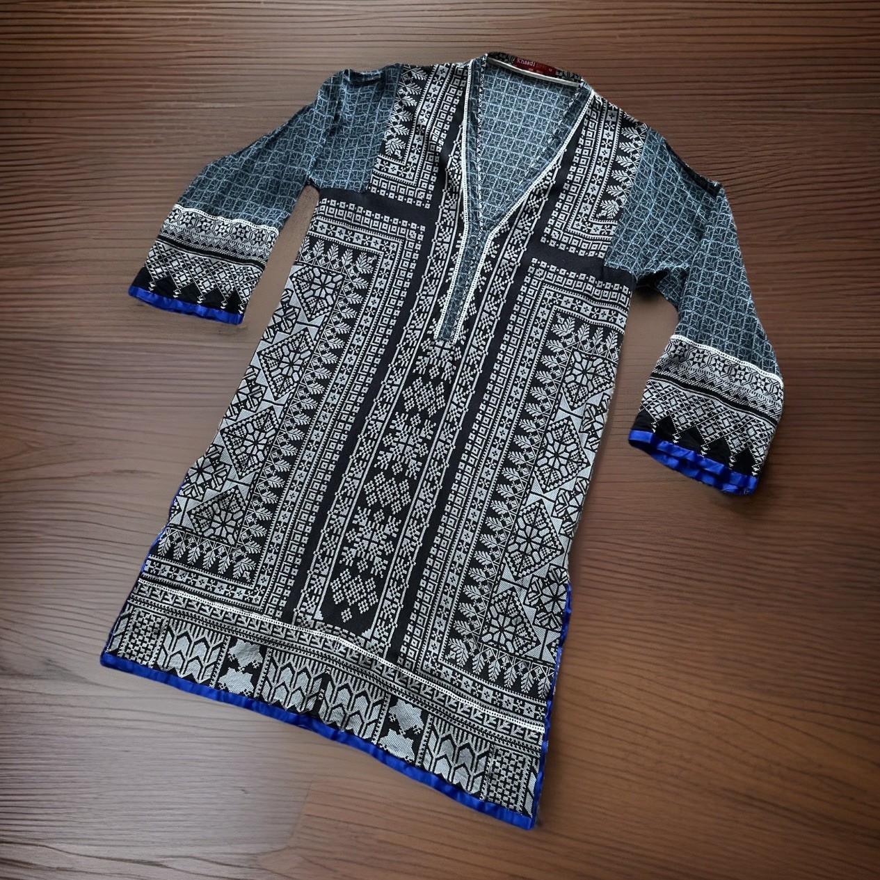 KHAADI PRET Women’s 12 (Fit Small) Black Gray Geometric Blue Satin Tunic Kurta