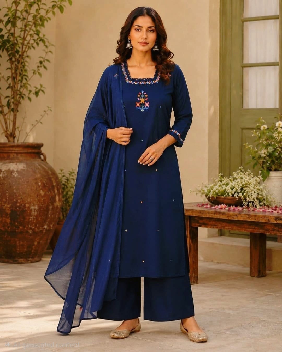 Women’s Navy Blue Embroidered Kurta Pant Dupatta Set Indian Ethnic Suit