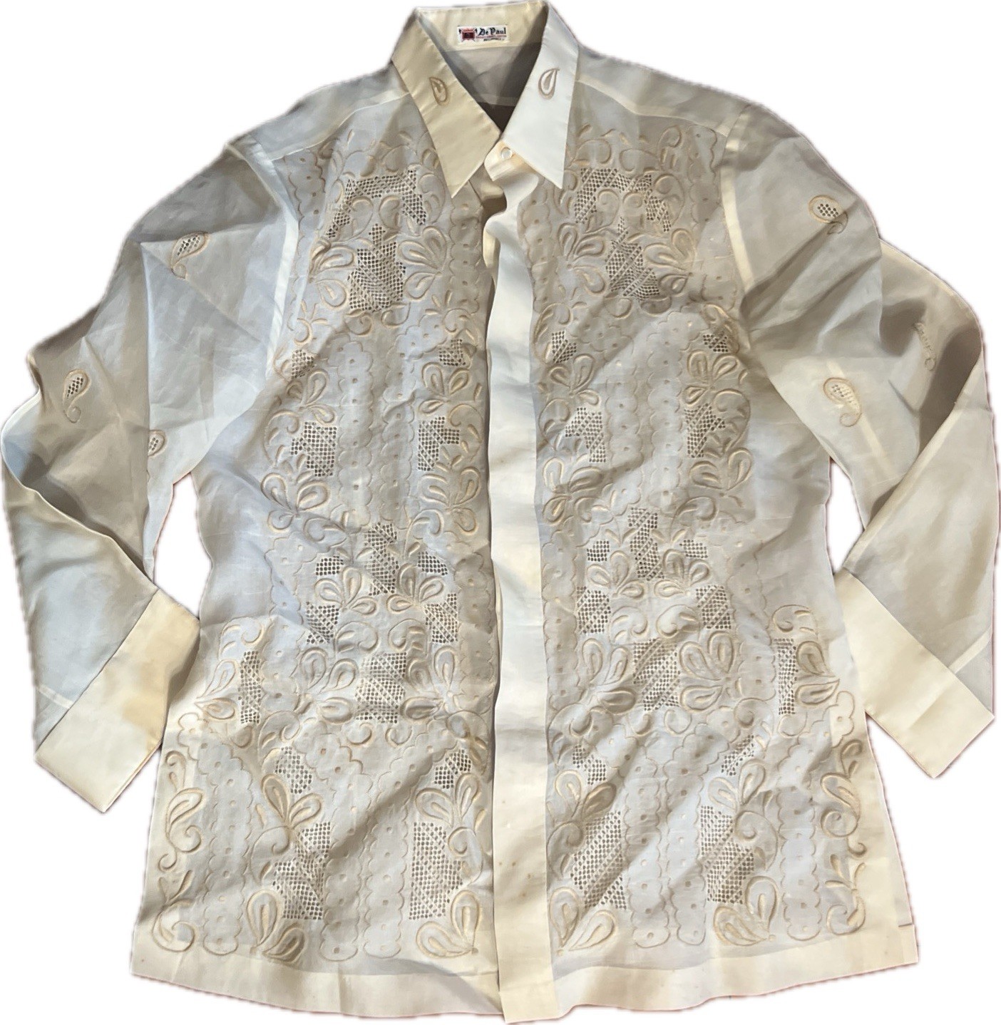 Be Paul Barong Tagalog Button Shirt Men’s M Beige Embroidered Philippines READ!