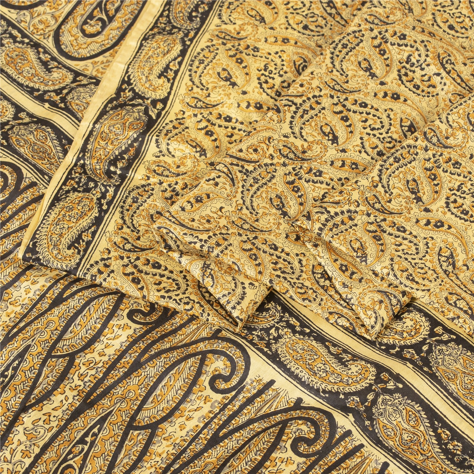 Sanskriti Vintage Sarees Beige Hand Block Print Pure Silk Sari 6Yd Craft Fabric