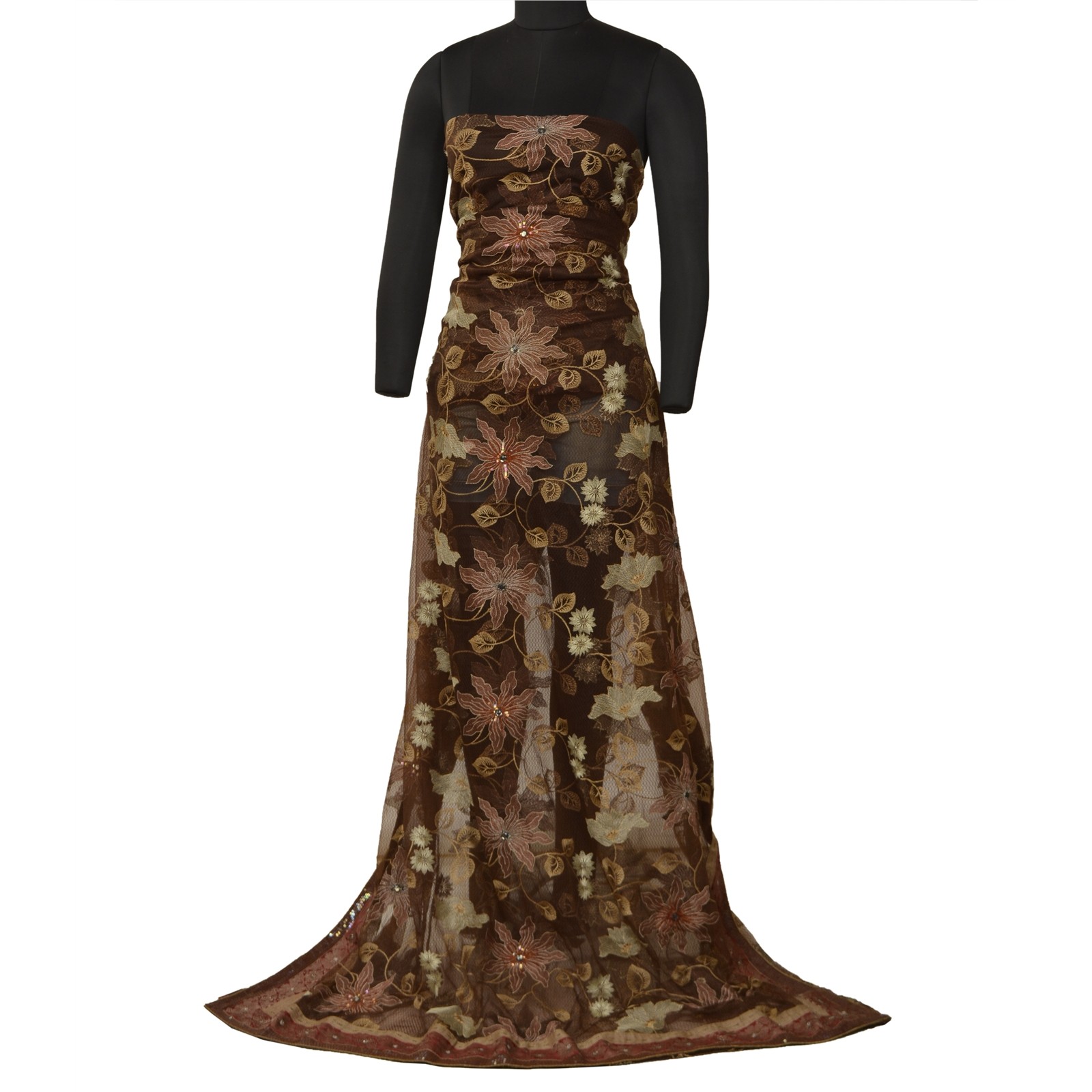 Sanskriti Vintage Brown Indian Sarees Net Mesh Embroidered Party Sari Fabric