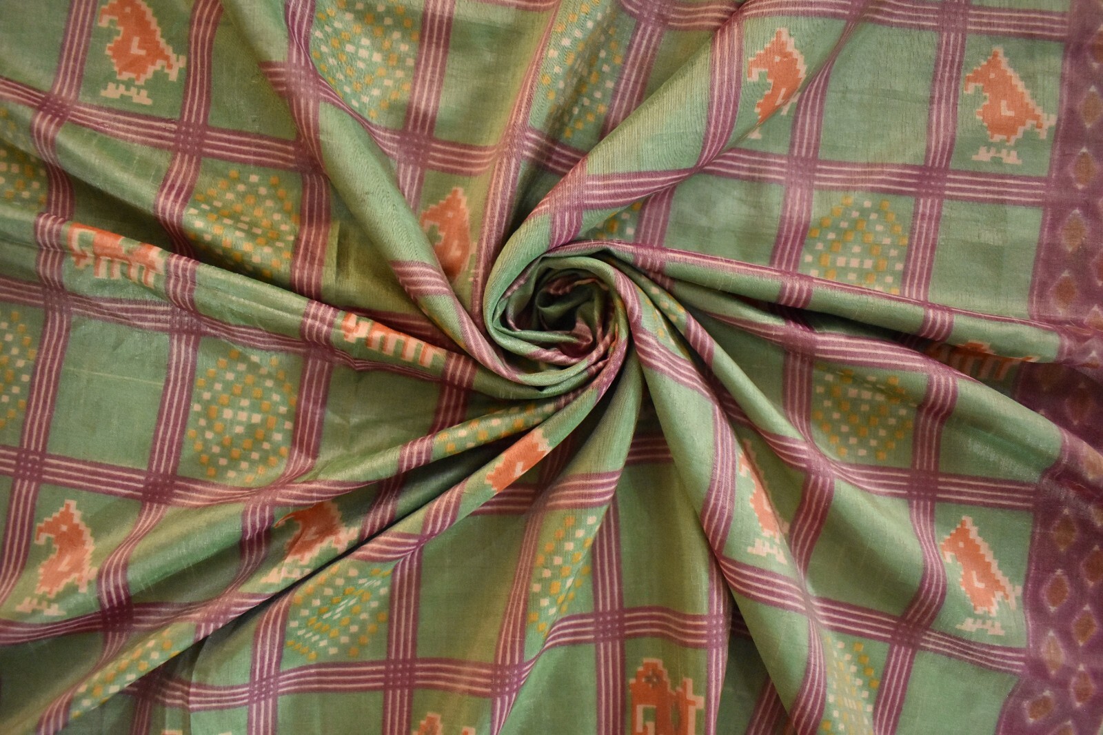 FNC Vintage Green Sambalpuri Ikat Sarees Handwoven Art Silk Sari Fabric Antique