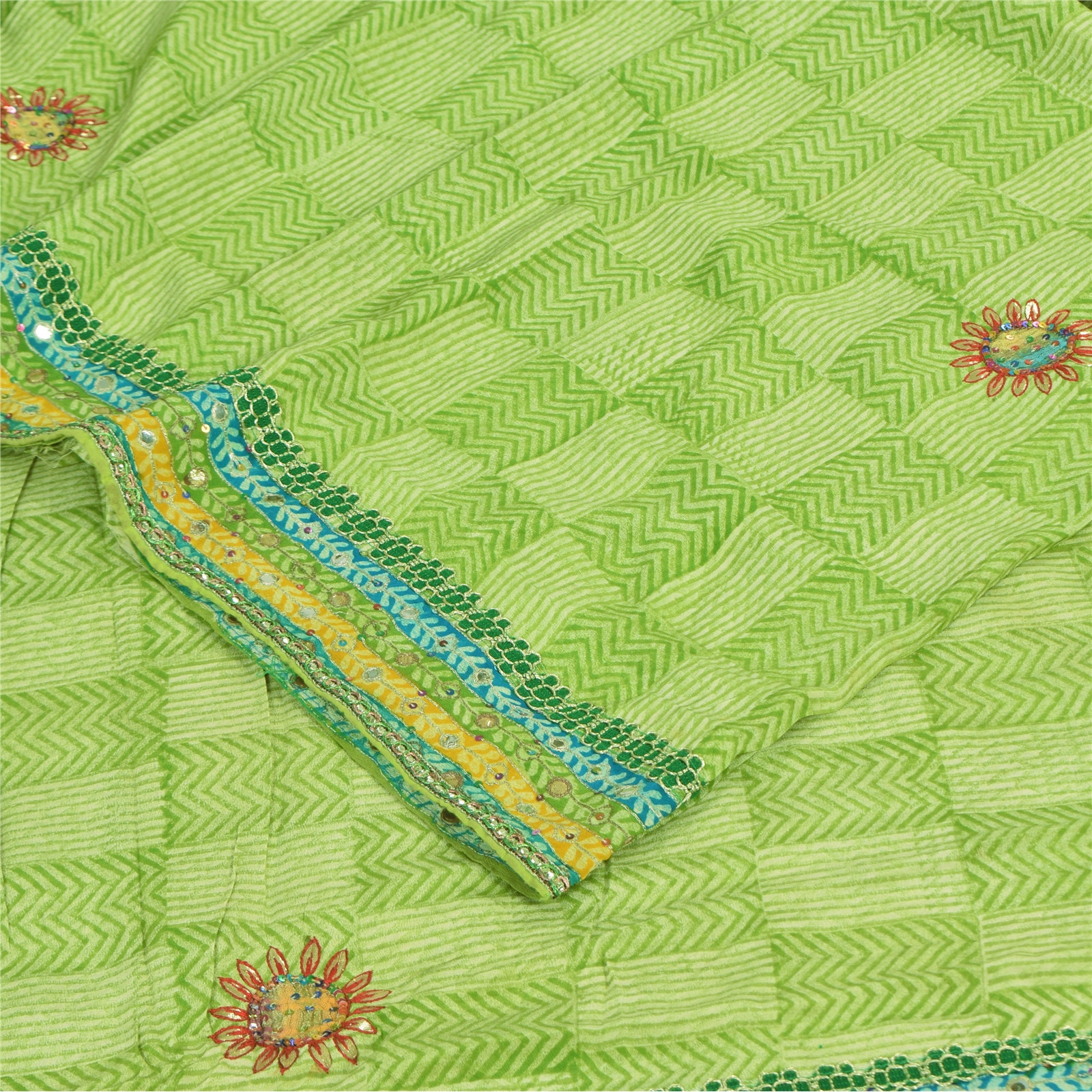 Sanskriti Vintage Saree Green Pure Crepe Hand Embroidered-Gota Patti Print Sari