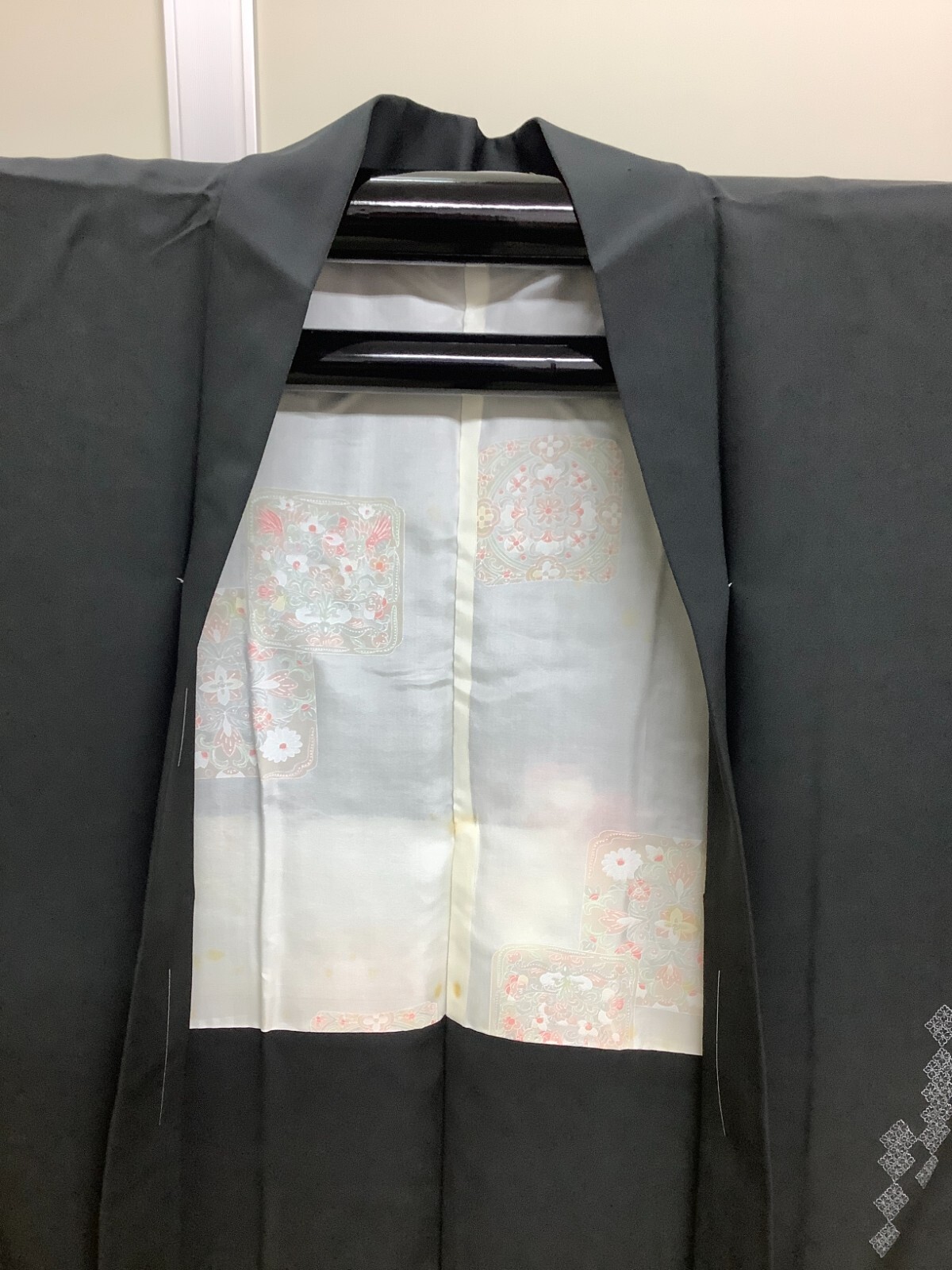 Japanese Vintage Kimono Haori Jacket polyester black flower Height 33.4inch