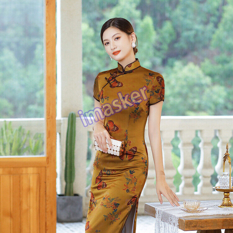 Chinese Traditional Qipao Dress Women Summer Silk Cheongsam Festival Party Gowns