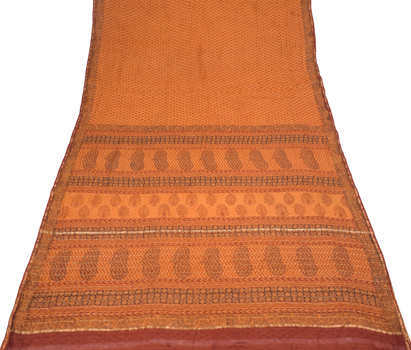 Sushila Vintage Rust Saree Pure Cotton Silk Hand Block Print & Zari Woven Soft S