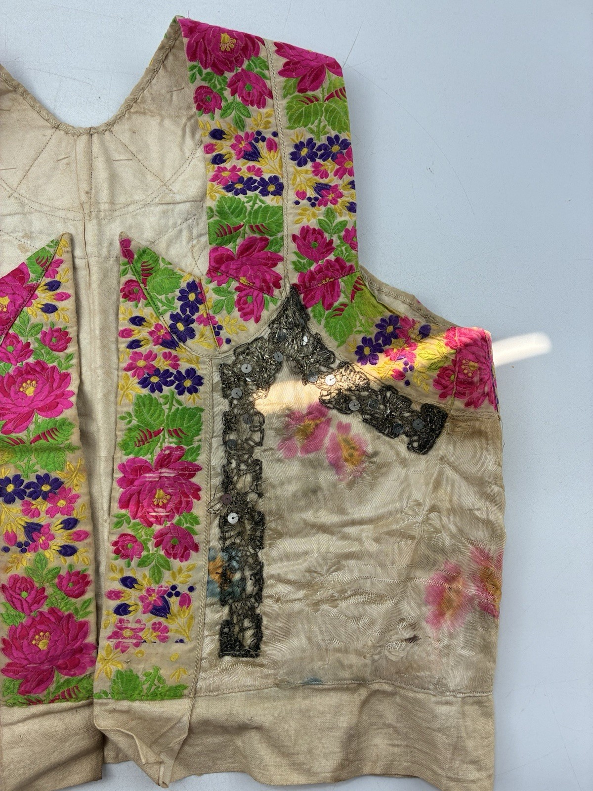 Antique Folk Costume Embroidered Vest Floral Waistcoat Metallic Lace, Hand Paint
